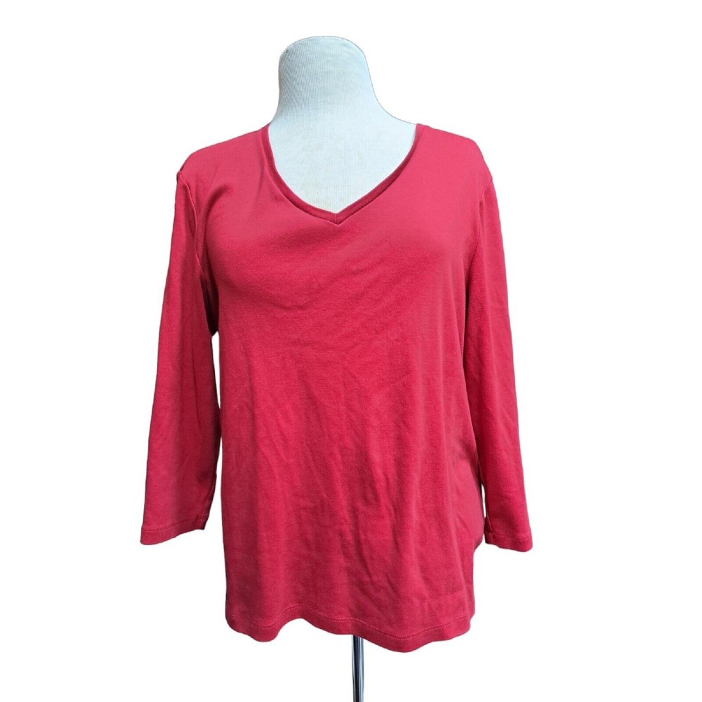 Chico's 2 True Color Tees Women's 12-14 V Neck Top Long Sleeve Red Stretch
